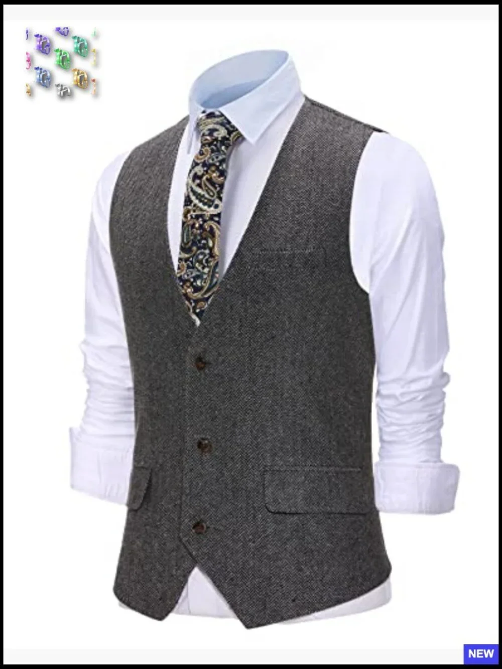 Slim Fit Wool Tweed Vest Herringbone Pattern Formal Business Waistcoat